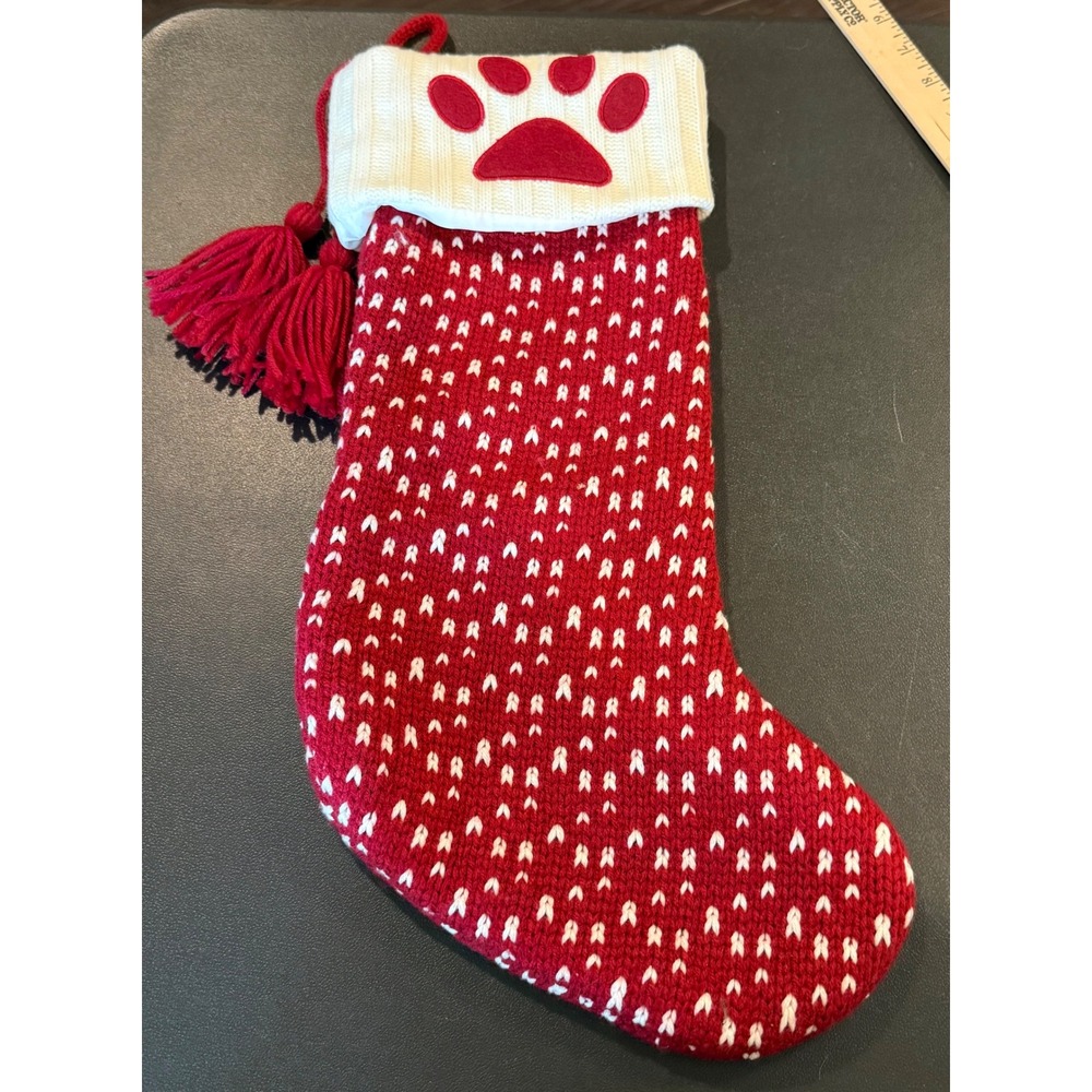 Kohls Dog Cat Christmas Stocking Red White Knit Paw Print Tassel Holiday Decor